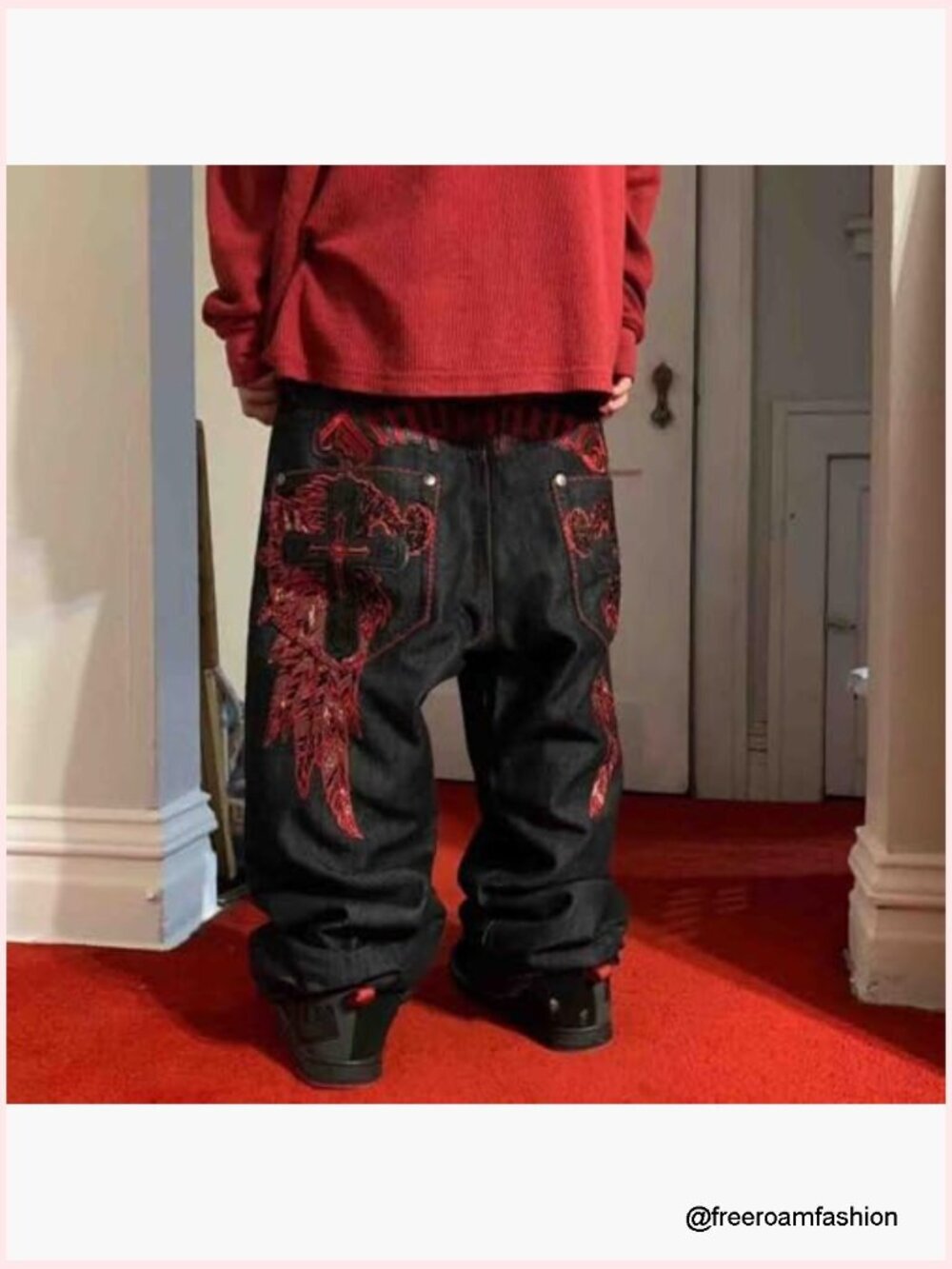 Men's Gothic Skull Embroidered Denim Jeans Y2K Hip-Hop Wide Leg Fit - Picture 3 of 5